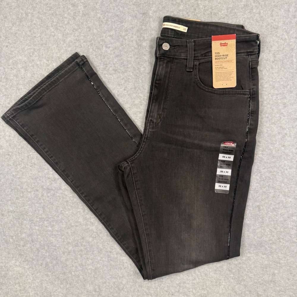 Levis 725 High Rise Bootcut Jeans 32x32 Black Rhinestone Side Stripe 187590275